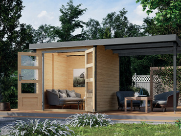 Das neue Hybrid-Gartenhaus `Jupiter´ ist besonders witterungsbeständig und setzt moderne Akzente im Garten. Foto: Karibu/akz-o