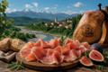 Bildunterschrift: Die Kombination aus alpiner Luft, Adriaeinfluss und traditioneller Reifung prägt den Charakter der Spezialität aus Friaul-Julisch Venetien. Foto: KI-generiert/Prosciutto di San Daniele/akz-o