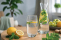 Bildunterschrift: Wasser trinken leicht gemacht: Mit Karaffe und Glas bleibt die Erfrischung immer griffbereit. Foto: KI-generiert/akz-o