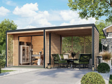 Gartenhäuser mit Kombinationen aus Holz und Metall, wie das neue Haus Saturn, sind besonders langlebig und setzen moderne Akzente im Garten. Foto: Karibu/akz-o